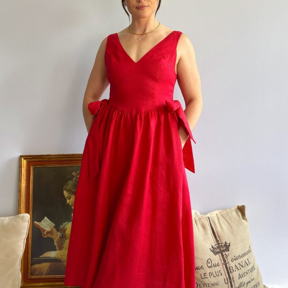 Parisian Red Linen Midi Dress